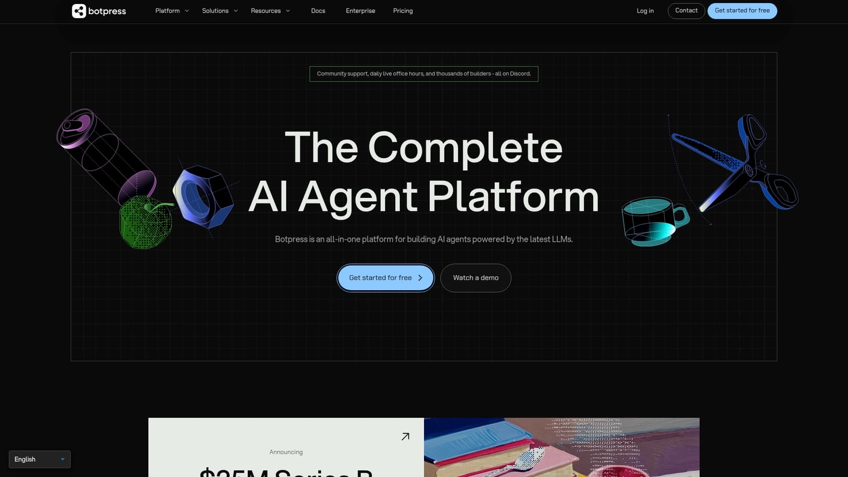 A screenshot of the Botpress landing page, showcasing its visual conversation builder.