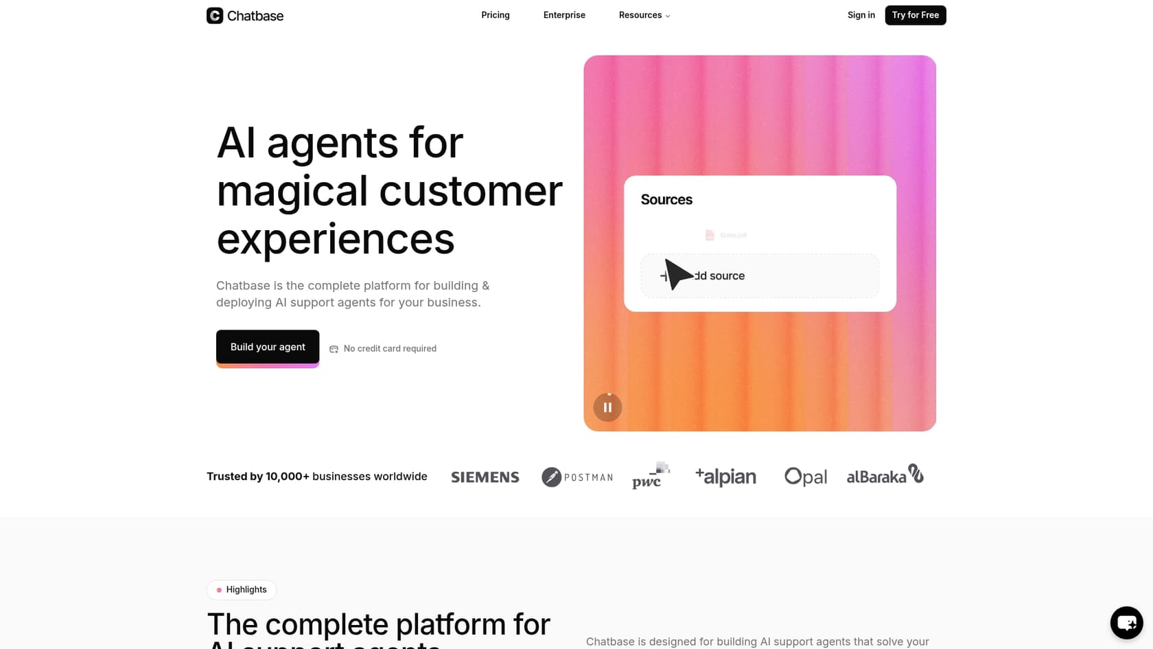 A screenshot of the Chatbase landing page, introducing the AI chatbot builder.
