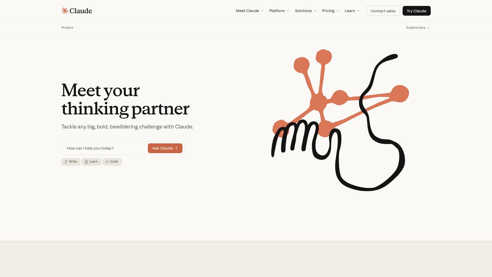 A screenshot of the Claude landing page, a powerful Google Gemini 3 alternative for writing.