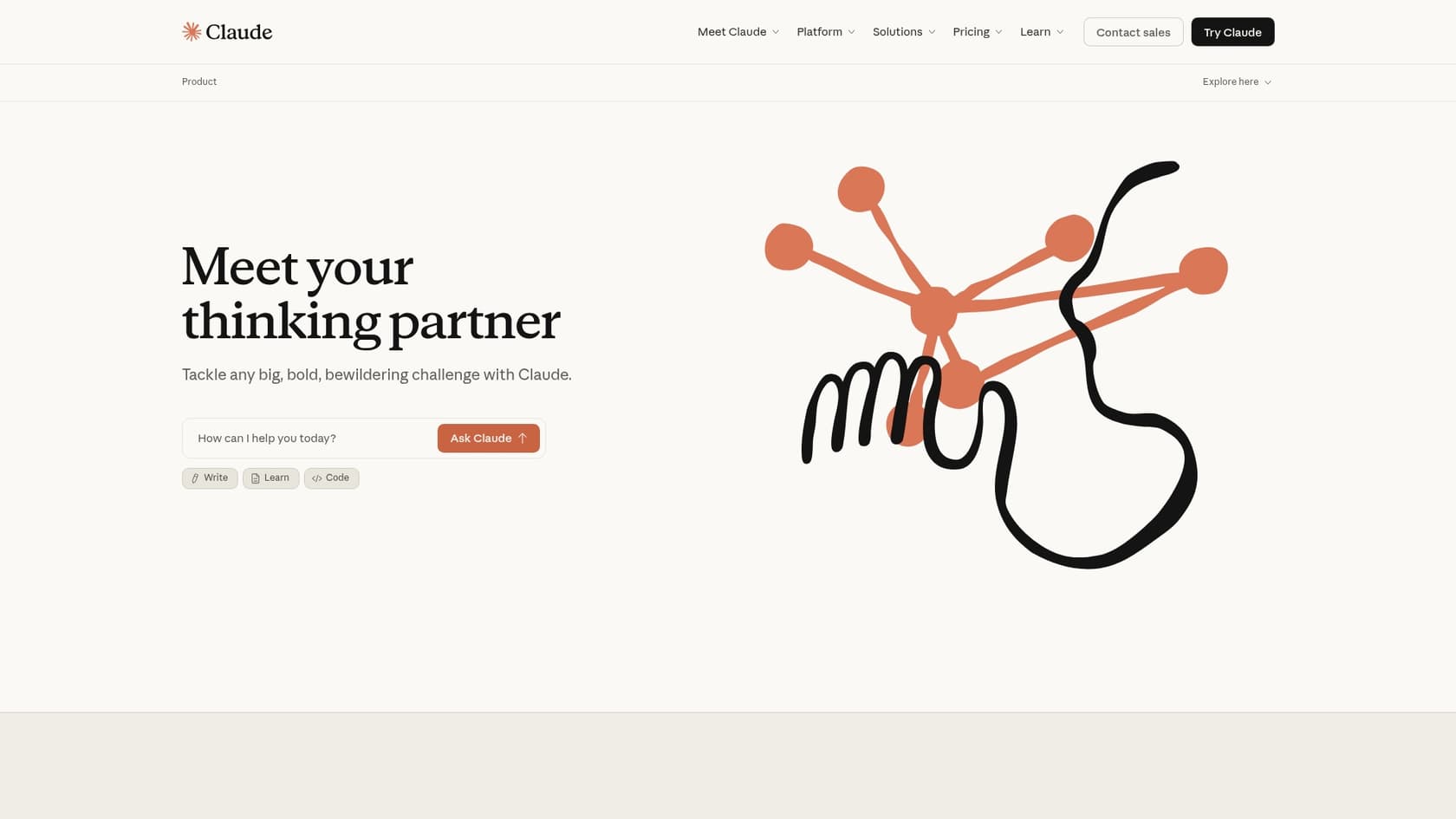 A screenshot of the Claude landing page, a powerful tool and a candidate for the best AI for Salesforce coding.