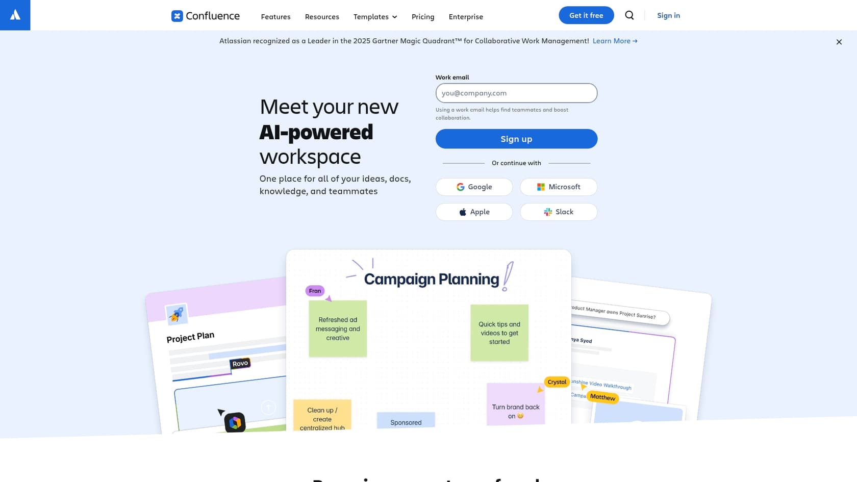 A screenshot of the Confluence landing page, a leading tool for technical documentation among search bot AI tools.