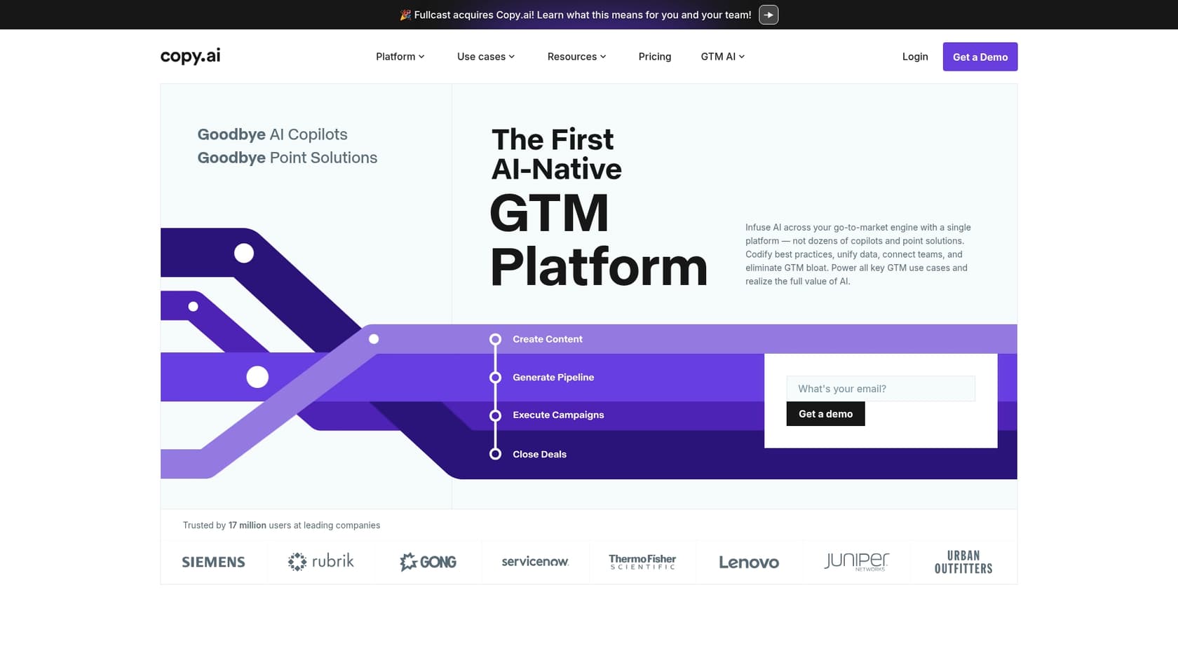 A screenshot of the Copy.ai landing page, a user-friendly option for Writesonic AI alternatives.
