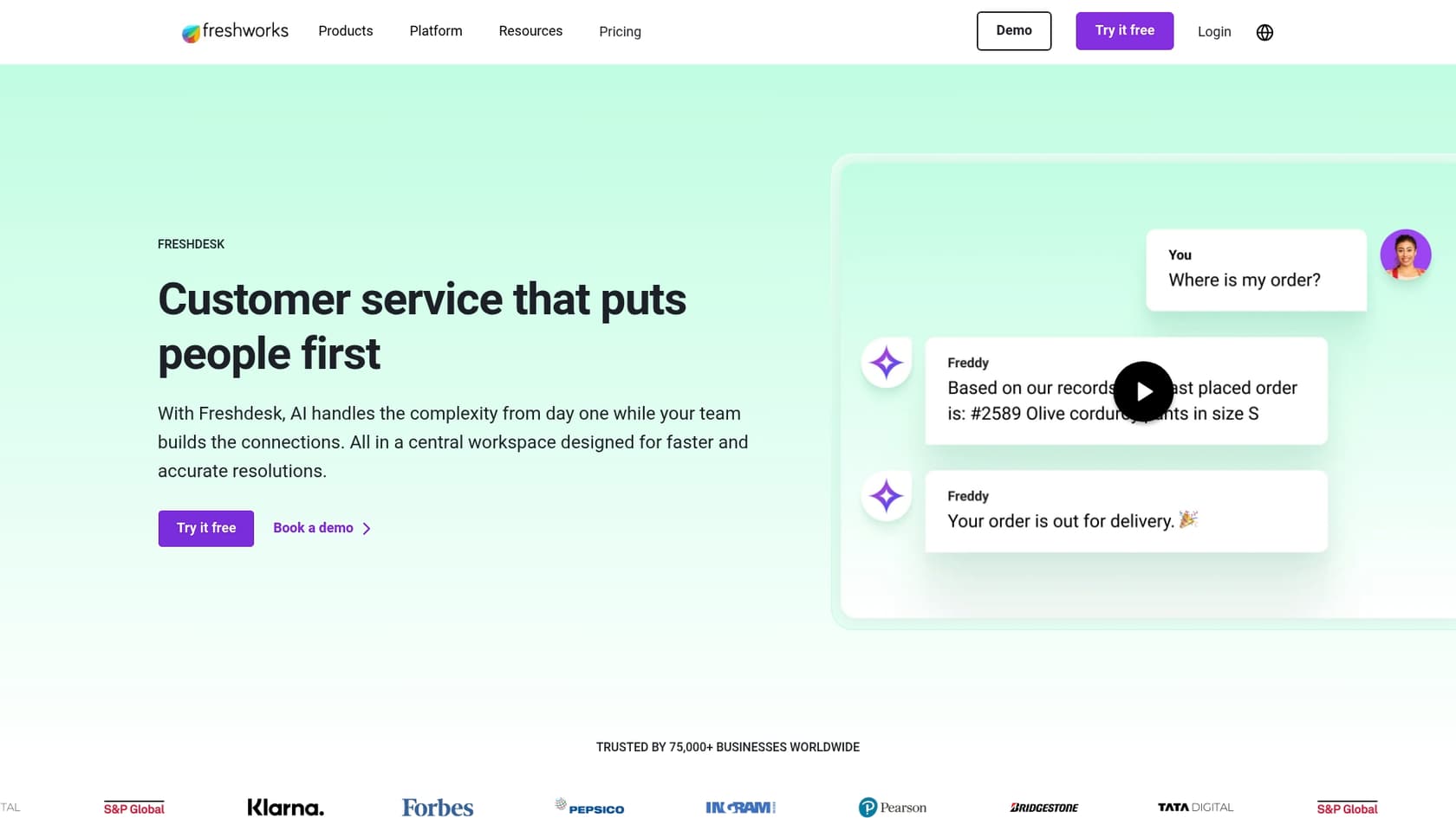 A screenshot of the Freshdesk landing page, a user-friendly pick in Commslayer alternatives.