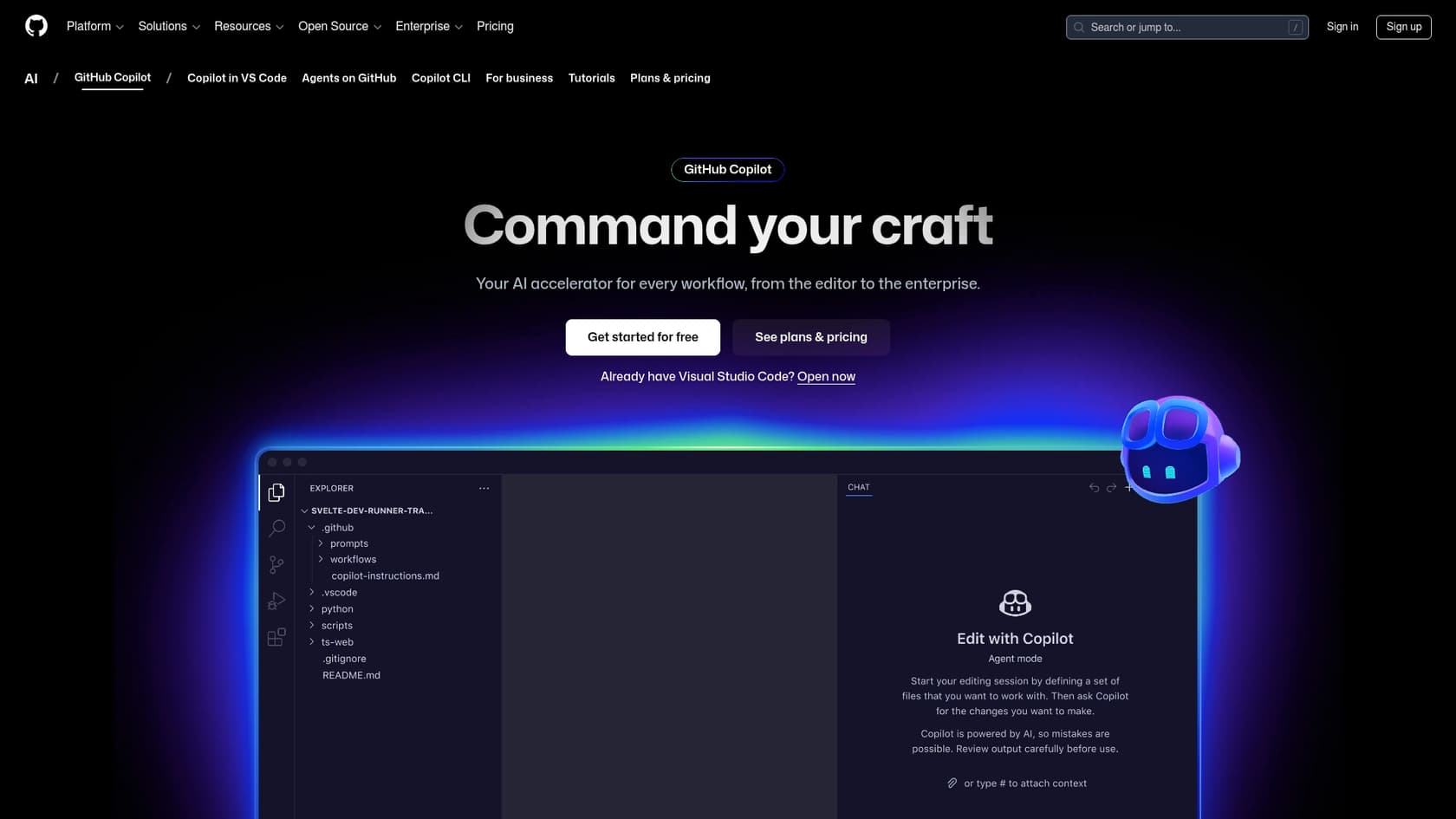 A screenshot of the GitHub Copilot landing page, another one of the best AI for Salesforce coding tools available.
