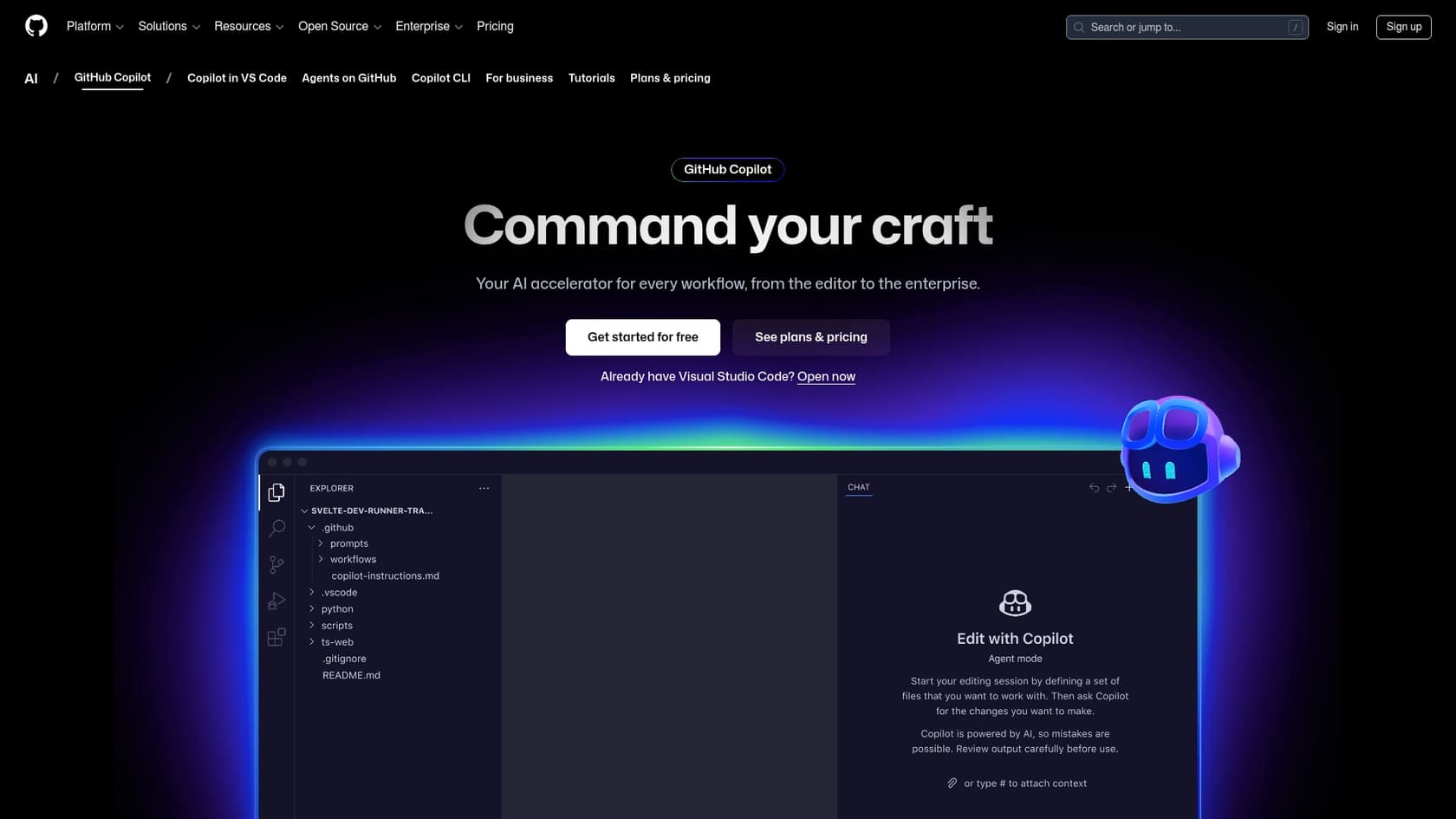 A screenshot of the GitHub Copilot landing page, another one of the top AI tools every Salesforce developer should know.