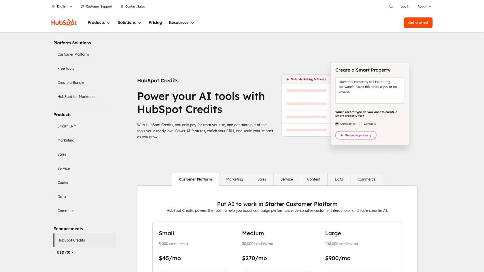 A screenshot of the HubSpot Credits pricing page, a key component of the HubSpot AI pricing calculator.