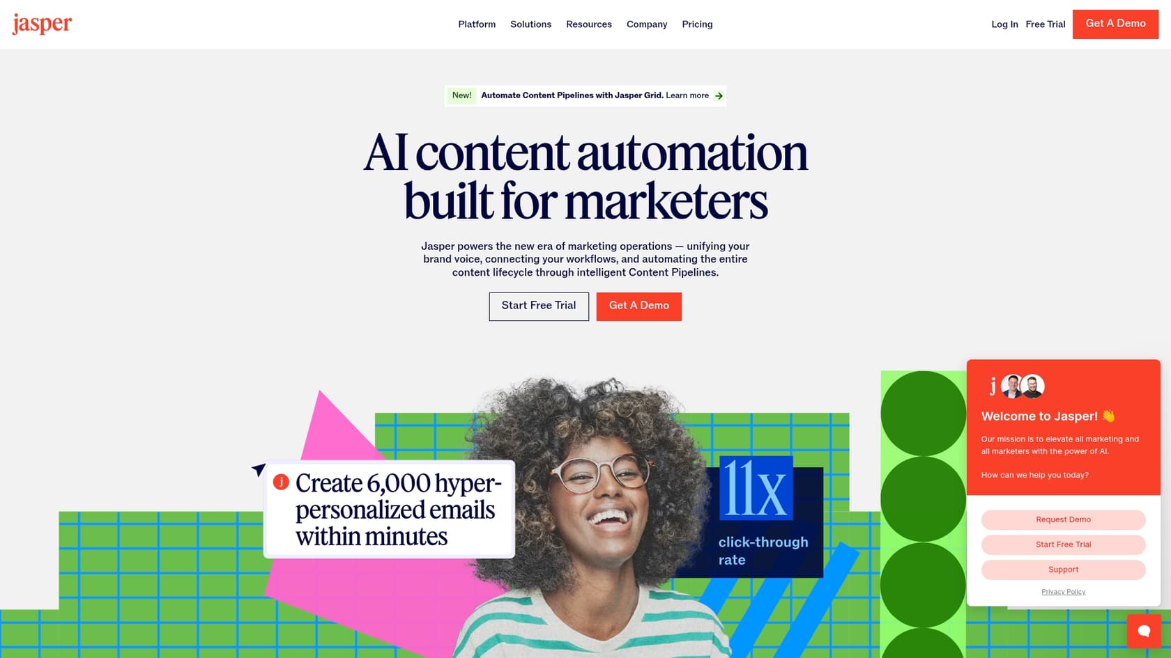 A screenshot of the Jasper landing page, one of the top AI tools for content writers.