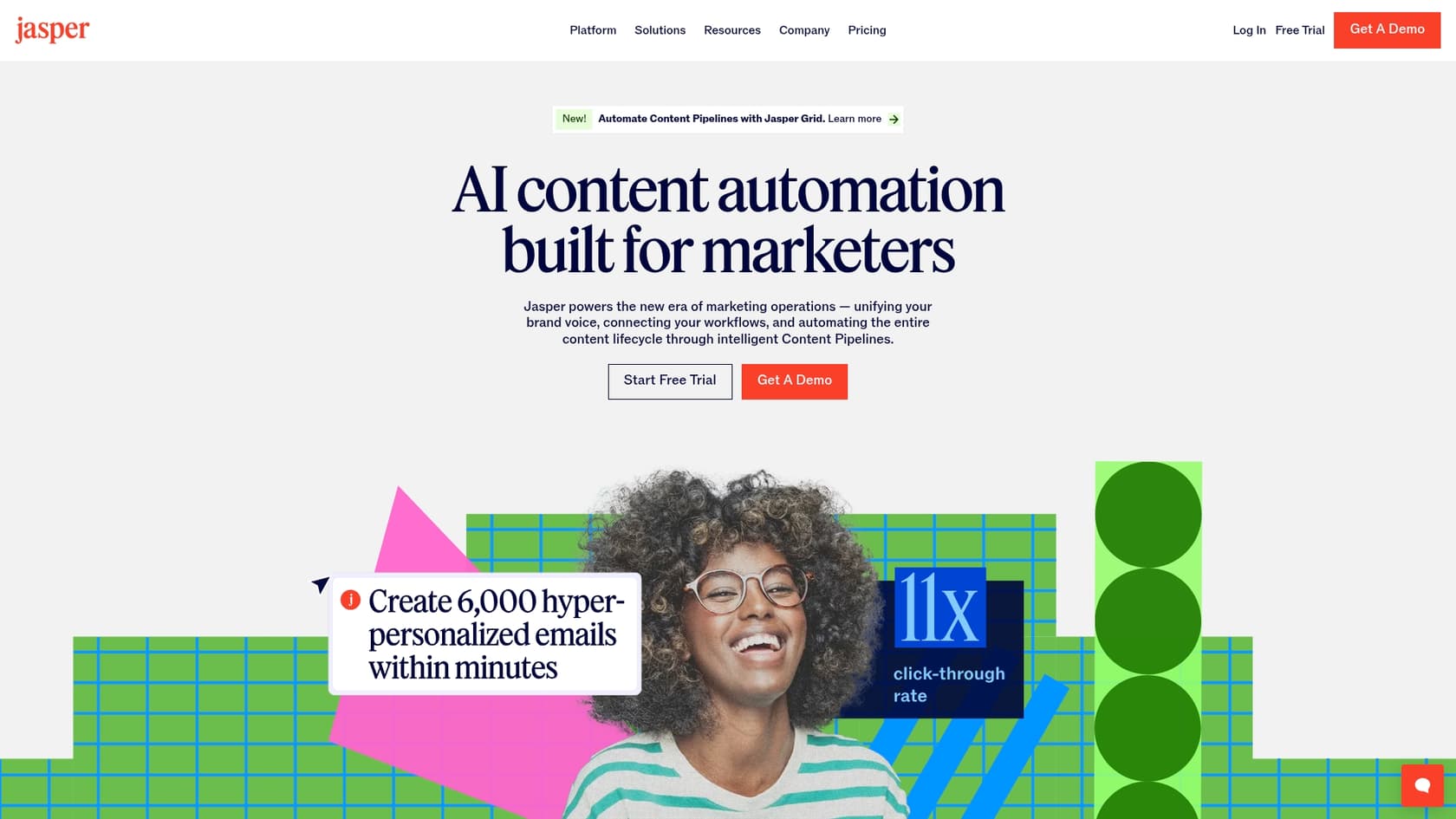 A screenshot of the Jasper AI landing page, one of the leading Writesonic AI alternatives for marketing copy.