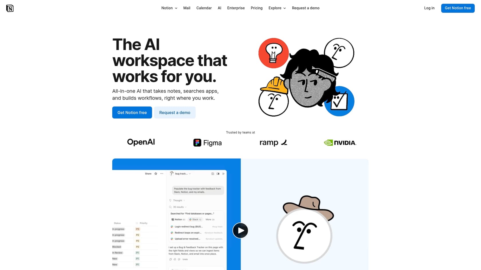 A screenshot of the Notion landing page, a flexible workspace solution that includes search bot AI tools.