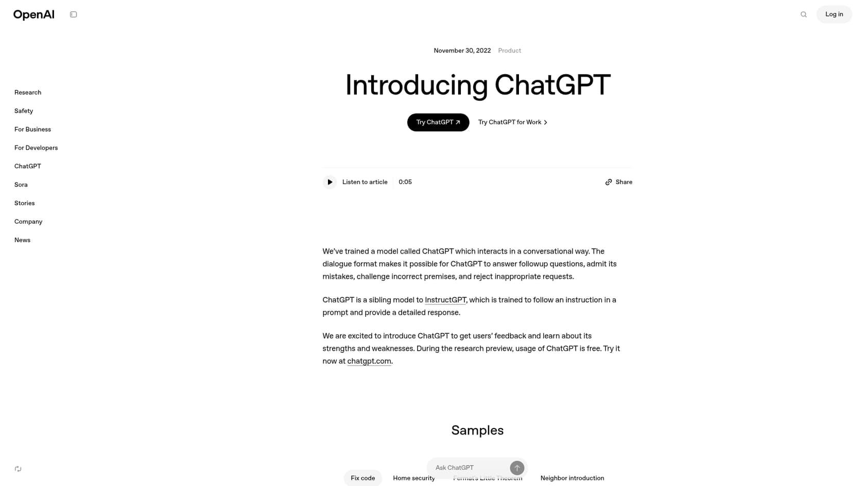 A screenshot of the official OpenAI page announcing the ChatGPT shopping research feature.
