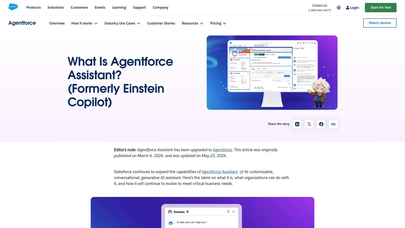 A screenshot of the Salesforce Einstein landing page, highlighting one of the best AI tools for Salesforce to boost CRM performance.