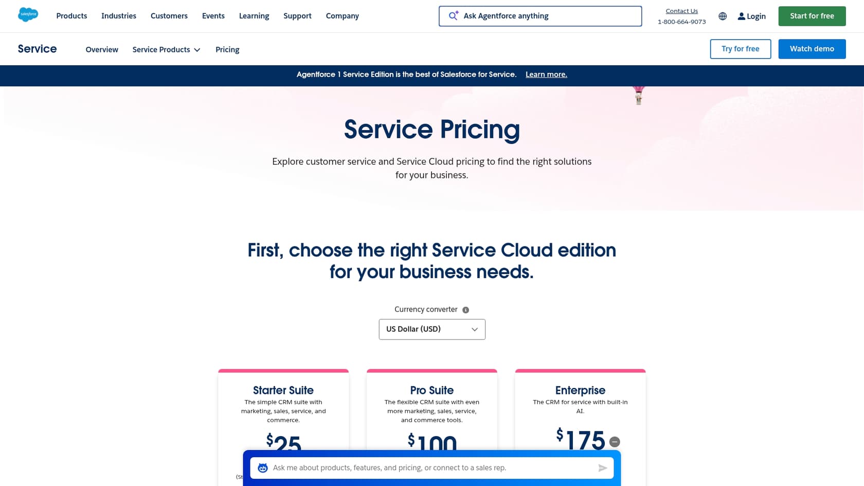 A screenshot showing the pricing plans for Salesforce Service Cloud.