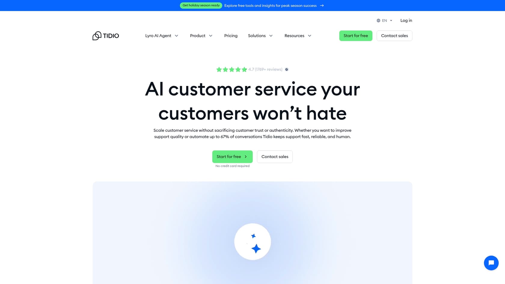 A screenshot of the Tidio landing page, which is relevant to this Tidio review.