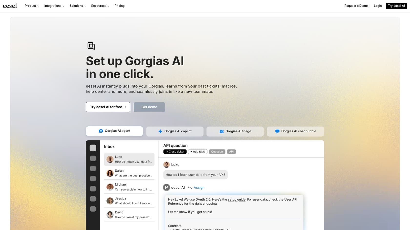A screenshot showing the eesel AI integration page for Gorgias, illustrating how the two platforms connect to enhance customer support.