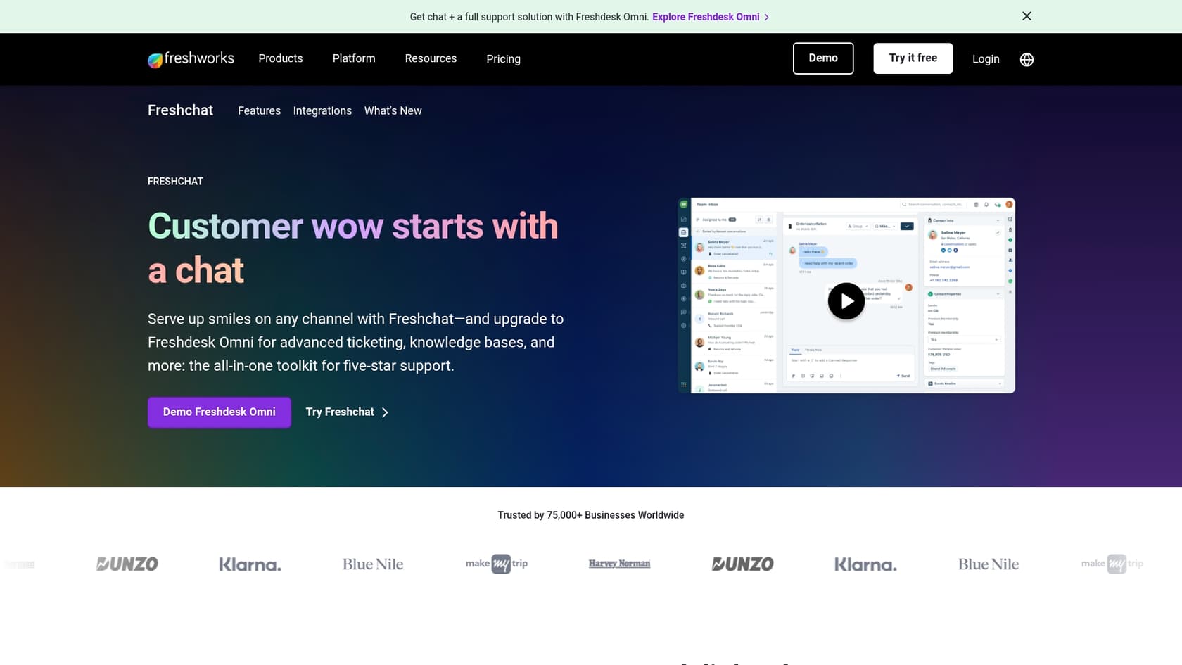 A screenshot of the Freshchat landing page, relevant to the AI live chat blog.