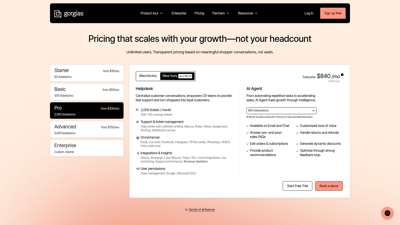 A screenshot of the Gorgias customer service pricing page.
