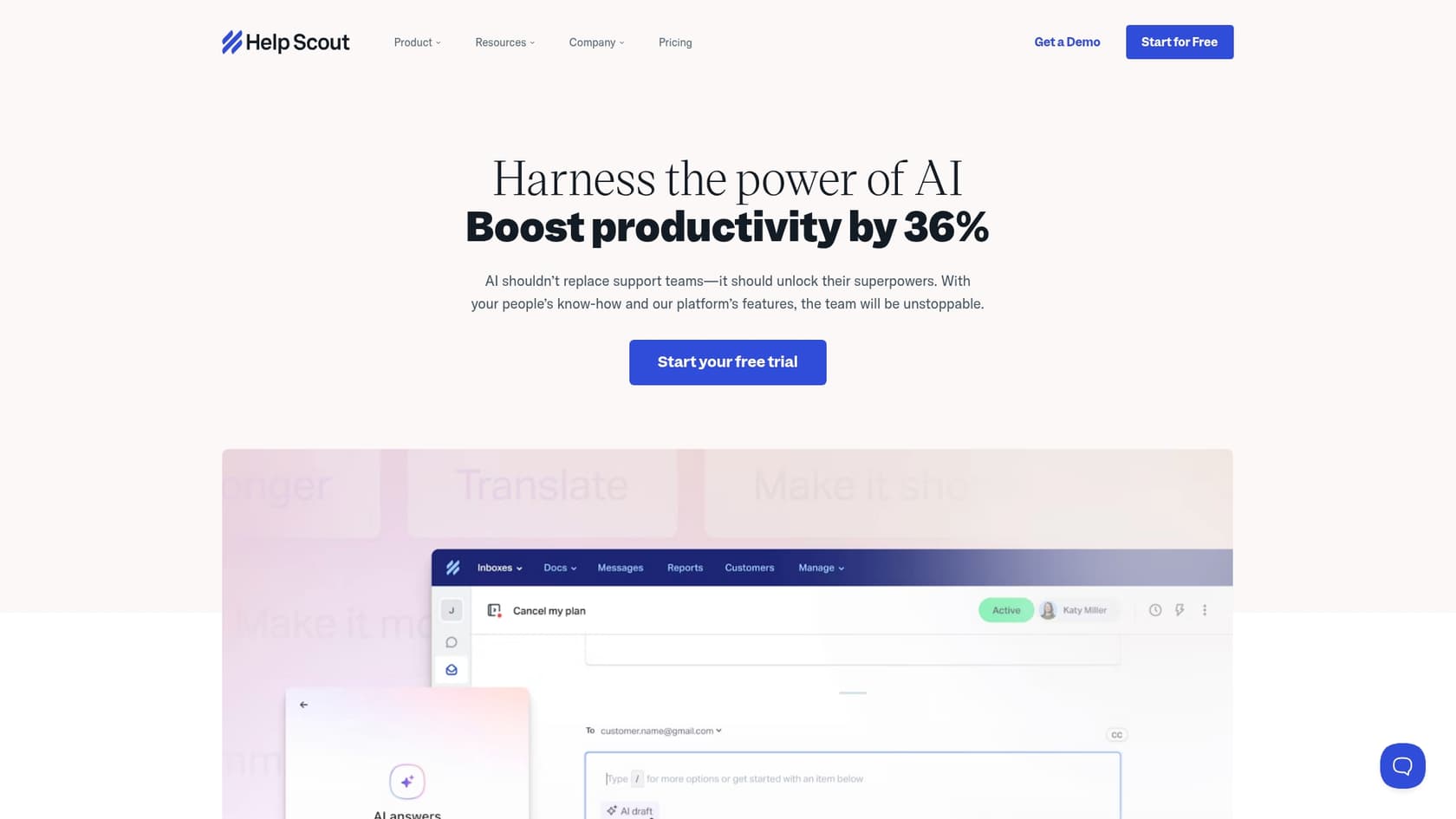 A screenshot showing the AI features available in the Help Scout chatbot.