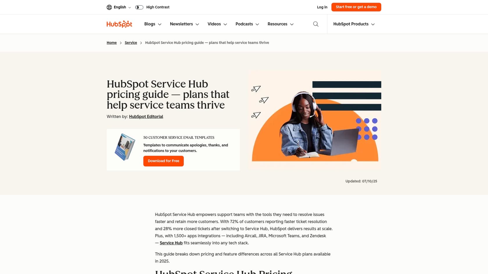 A screenshot of the HubSpot Service Hub landing page, an integrated solution for Jira alternatives for software development.