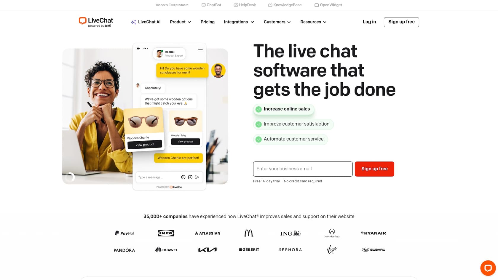 A screenshot of the LiveChat landing page, which can be used to build AI agents for Jira.