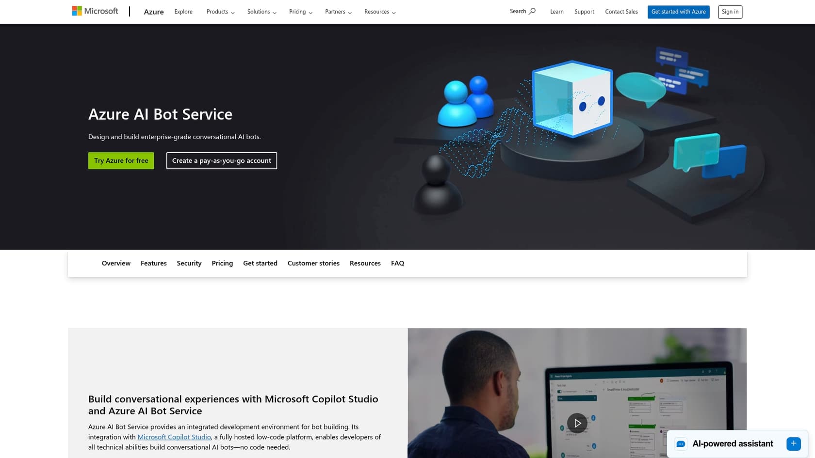 A screenshot of the Microsoft Bot Framework landing page, an ideal open-source Chatbase alternative for teams within the Azure ecosystem.