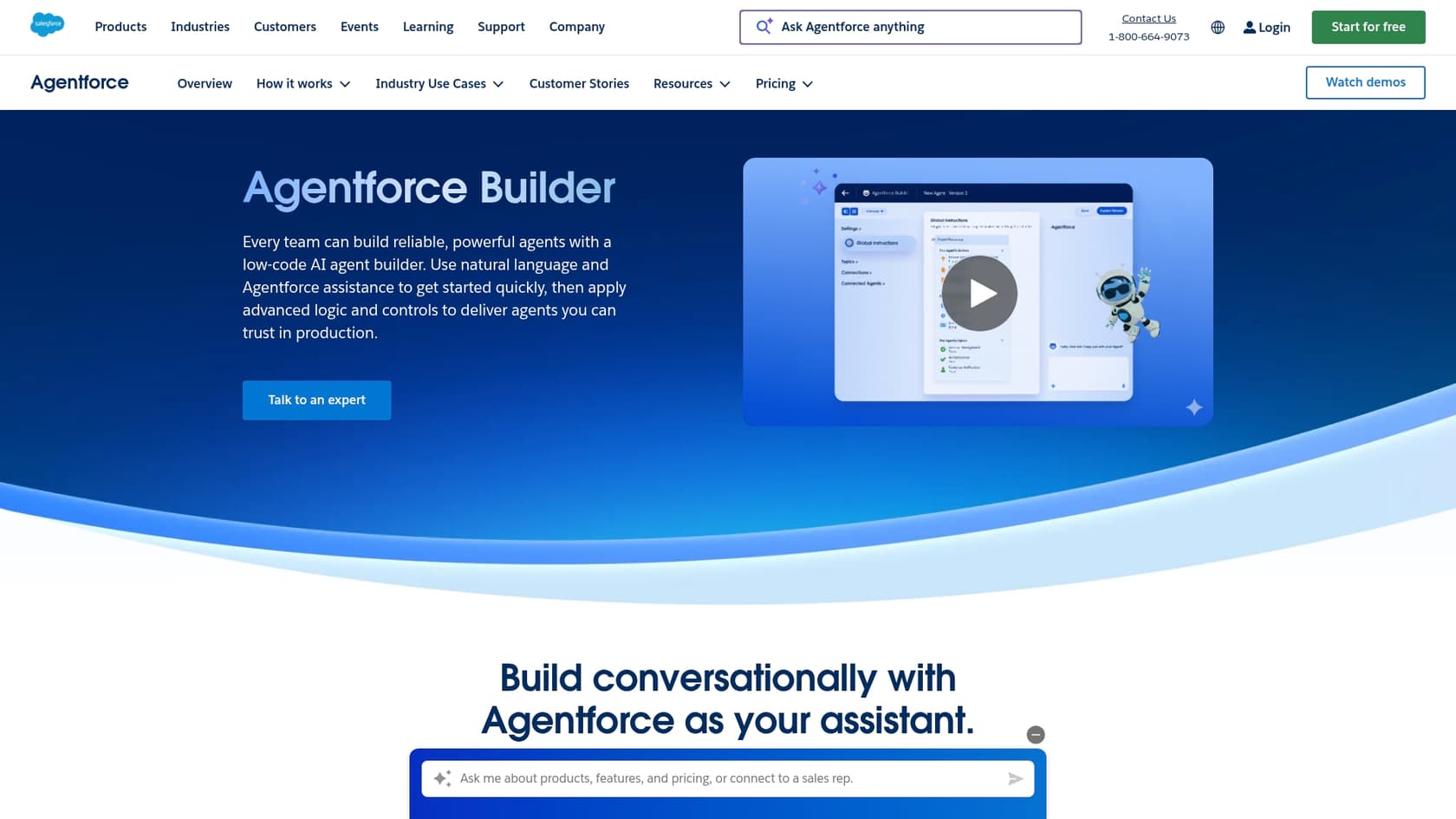A screenshot of the Agentforce builder landing page, showcasing the interface for creating AI agents. The Salesforce Platform license pricing for this feature is often a premium add-on.