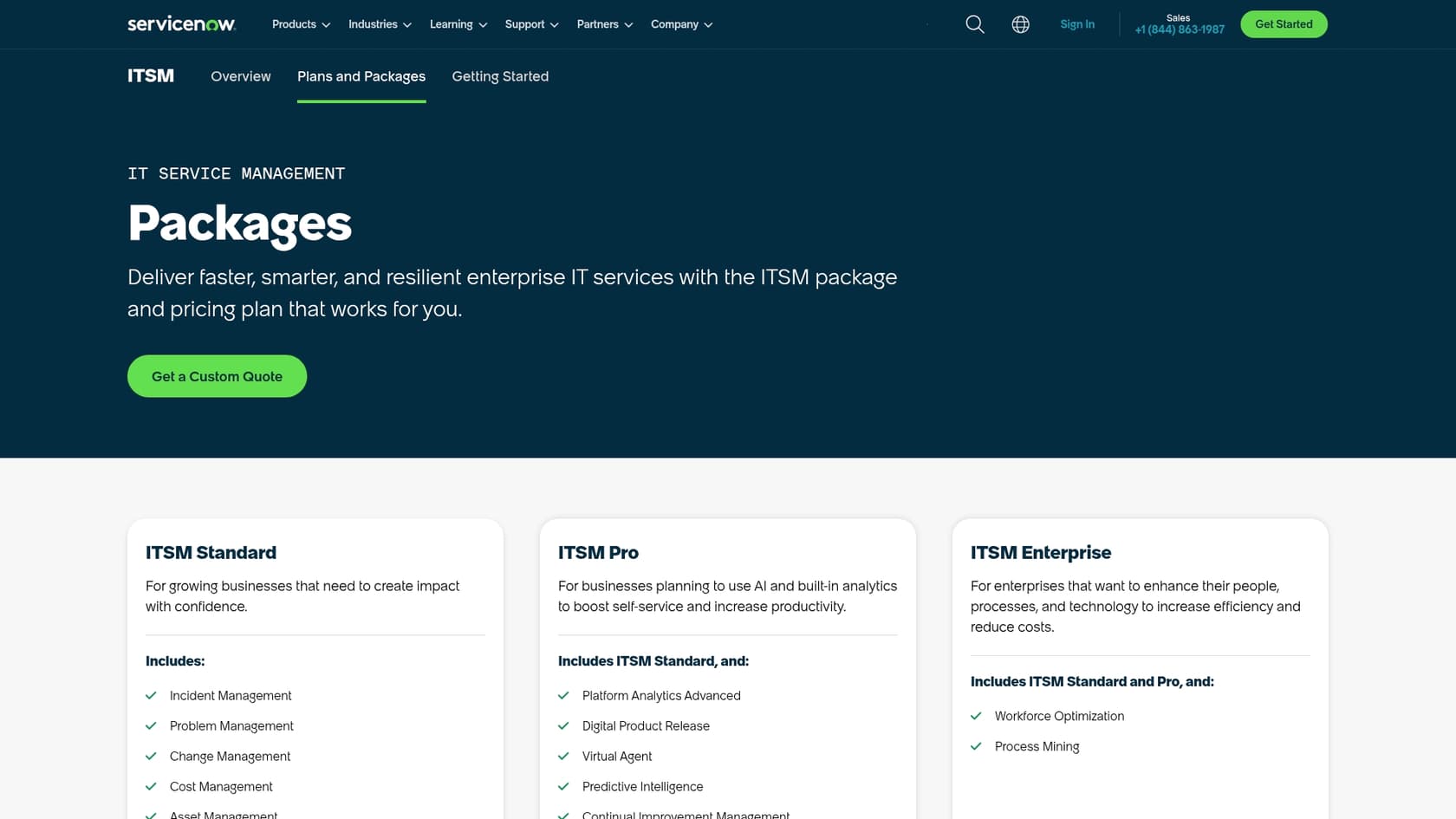 A screenshot of the ServiceNow ITSM product page.