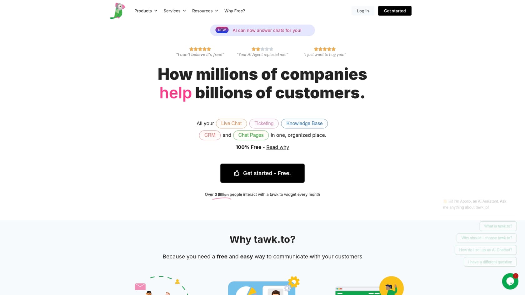 A screenshot of the Tawk.to homepage, a truly best free AI chat option.