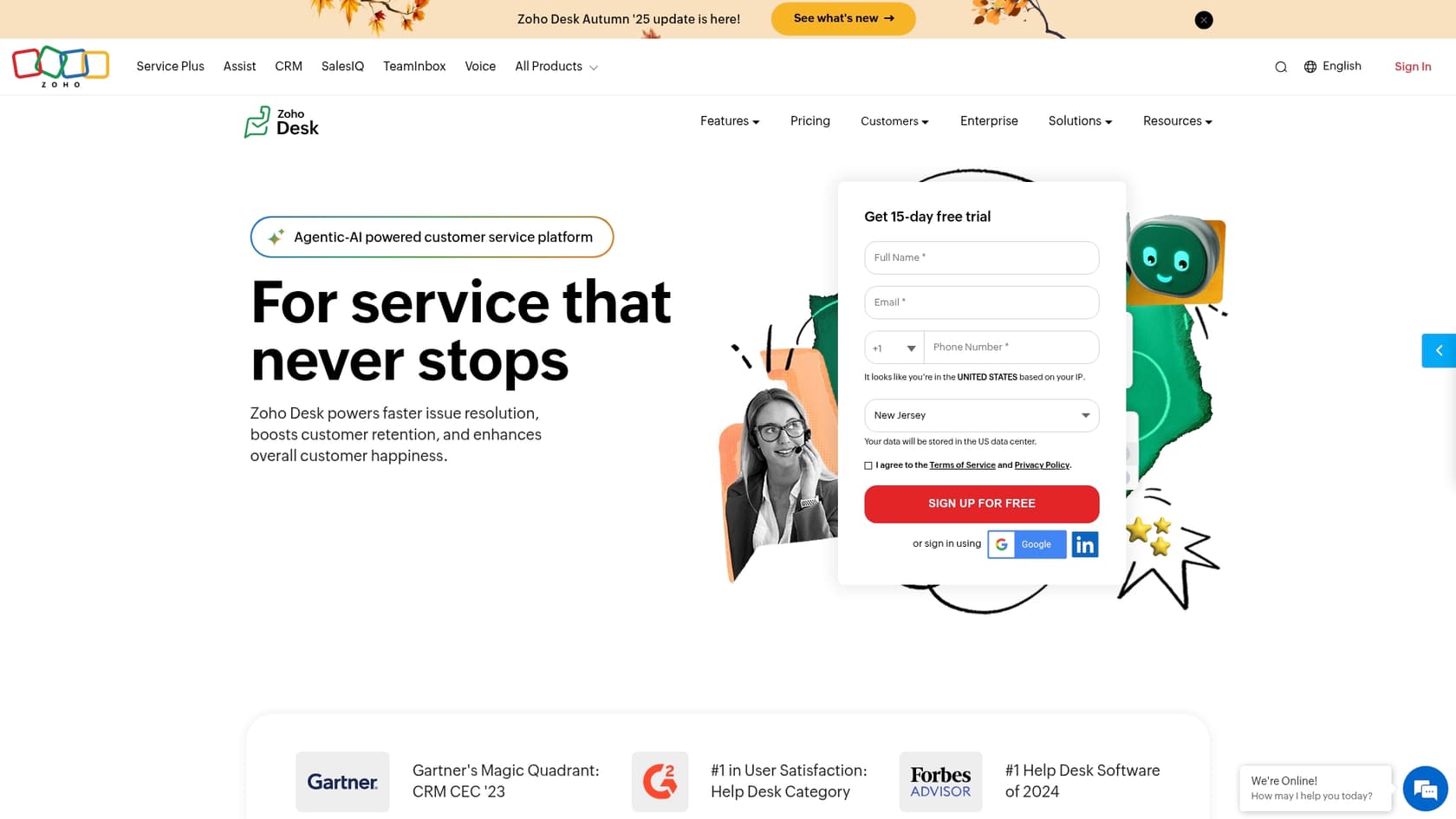 A screenshot of the Zoho Desk landing page, a good salesforce ai alternatives for small business.