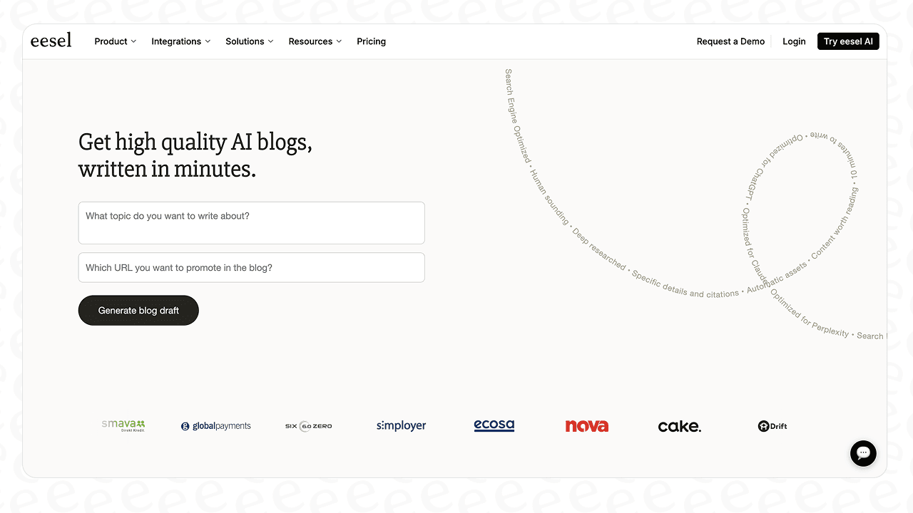 A screenshot of the eesel AI Blog Writer landing page, which turns a single keyword into a comprehensive article.