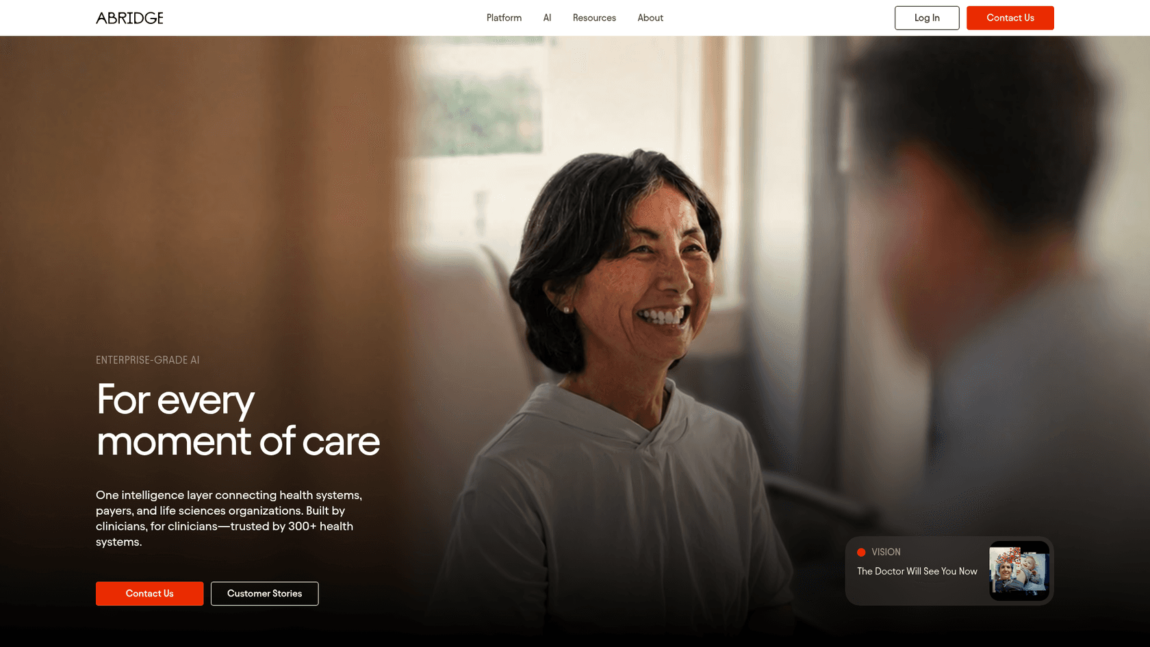 Abridge's homepage positioning its AI as an intelligence layer for health systems, as taken from Abridge
