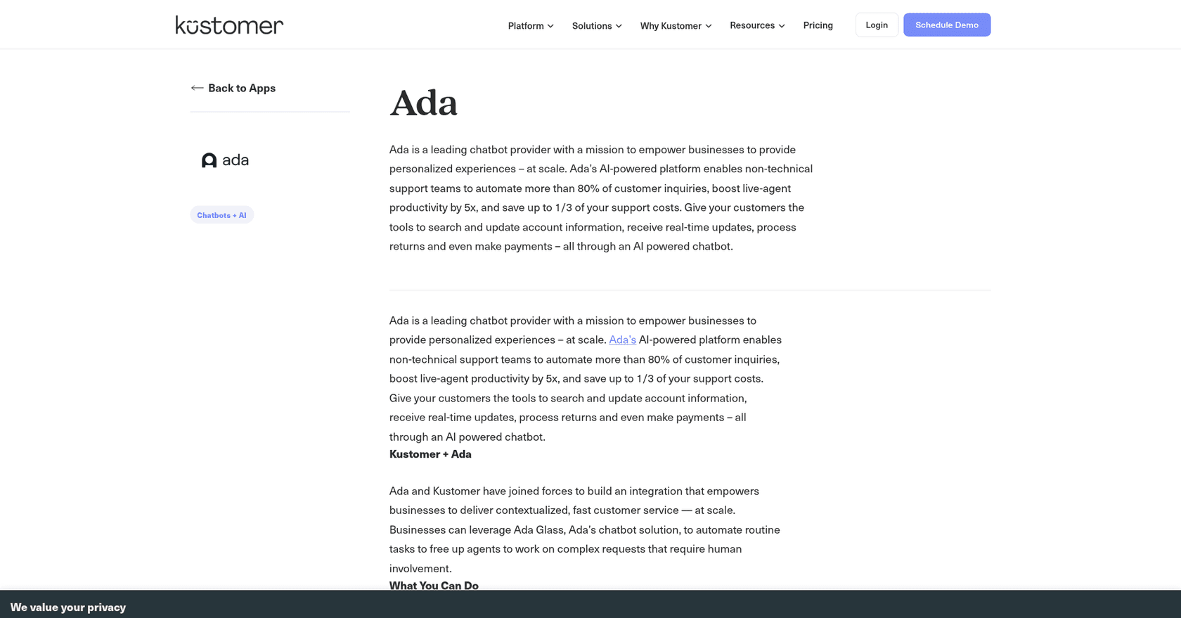 Kustomer's integrations directory listing for Ada, describing handoff to a live agent within Kustomer, as taken from Kustomer