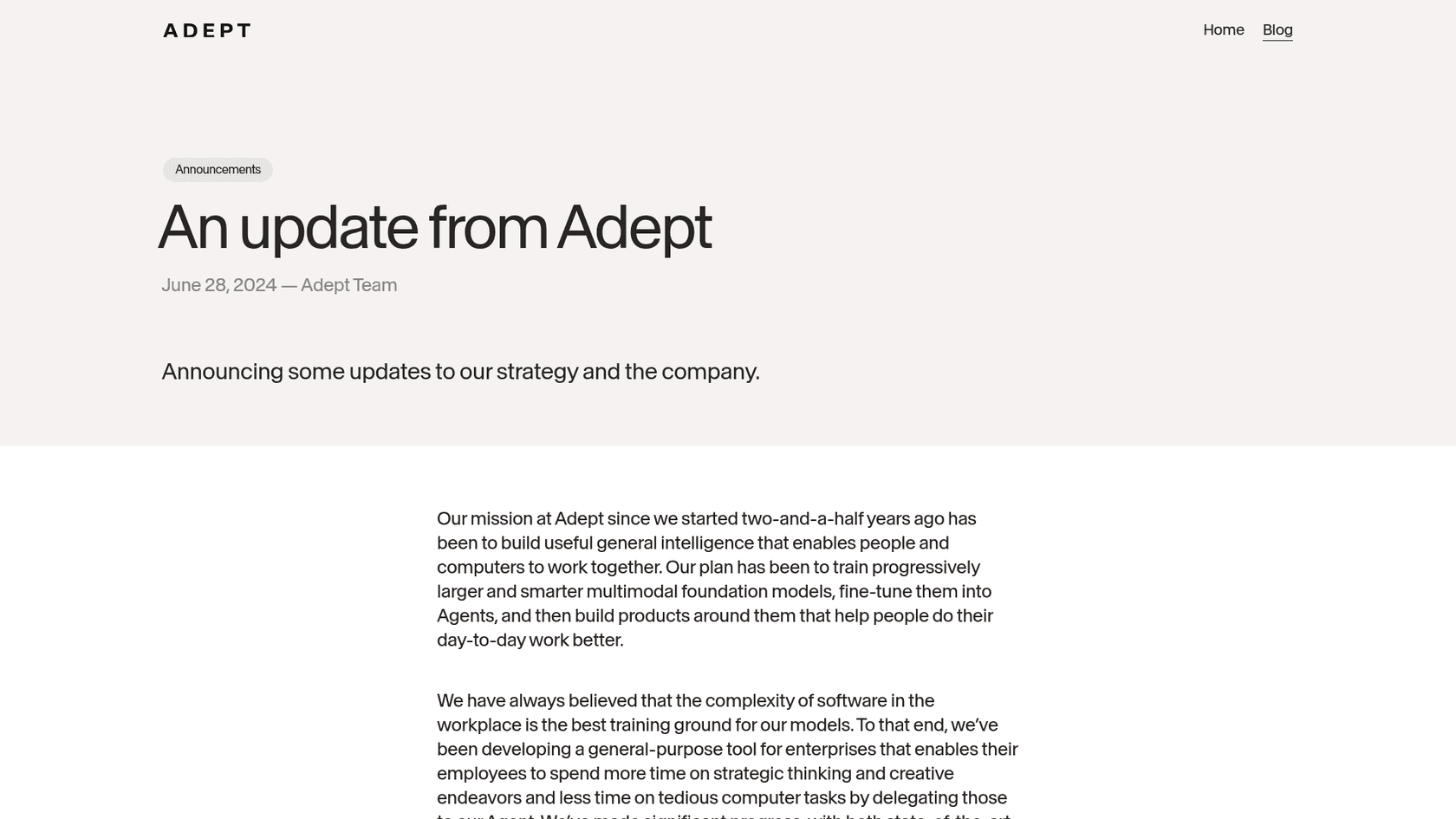 Adept's June 2024 update announcing the move to Amazon and a partner-led focus, as taken from Adept