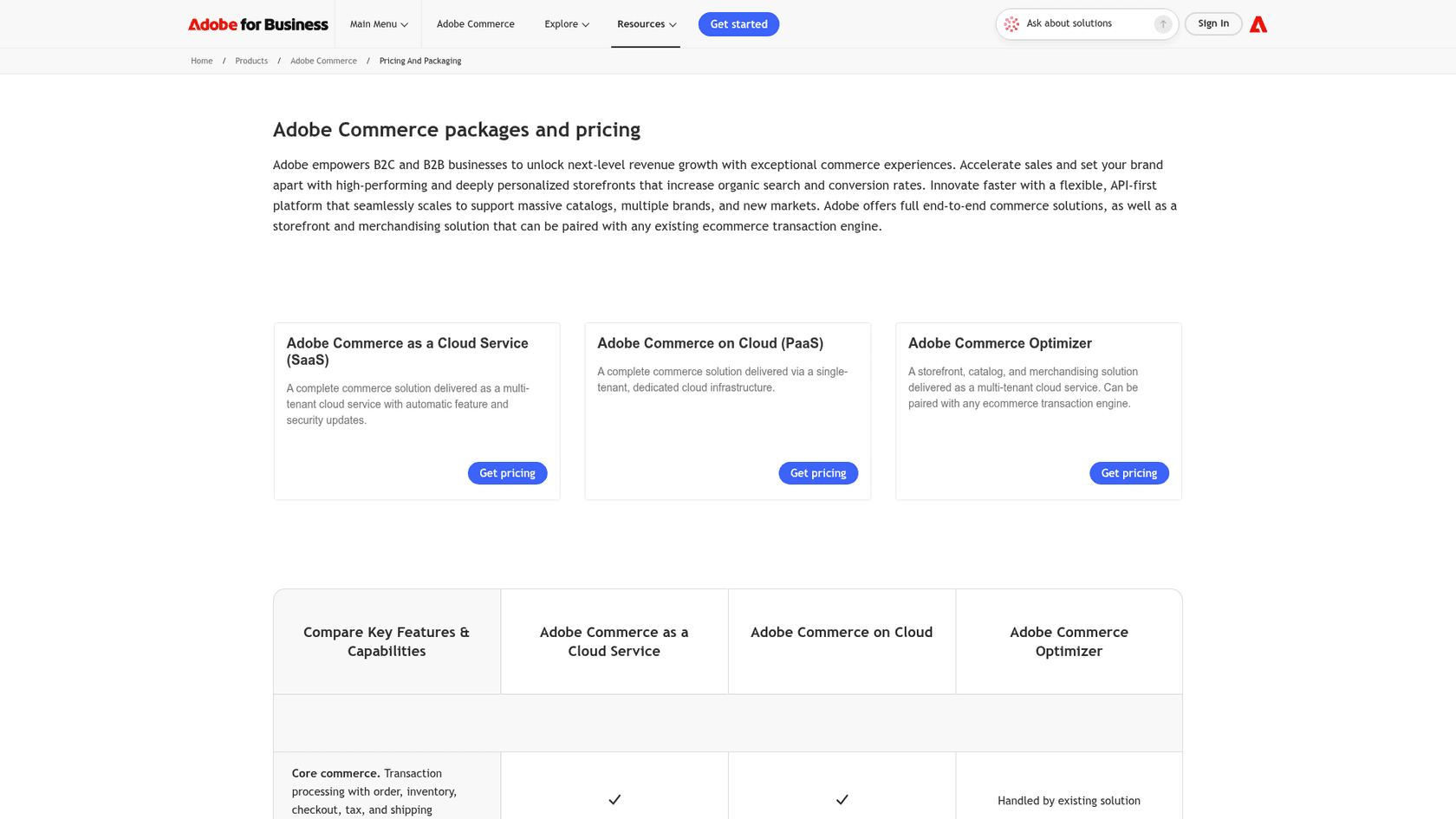 Adobe's Commerce packages and pricing page, which lists three packages and no prices, as taken from Adobe