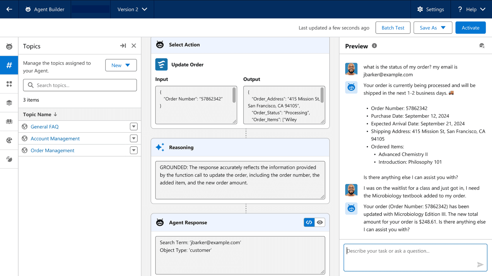 Agentforce Builder showing topics, an Update Order action with its reasoning trace, and a live chat preview, as shown on Salesforce's G2 listing