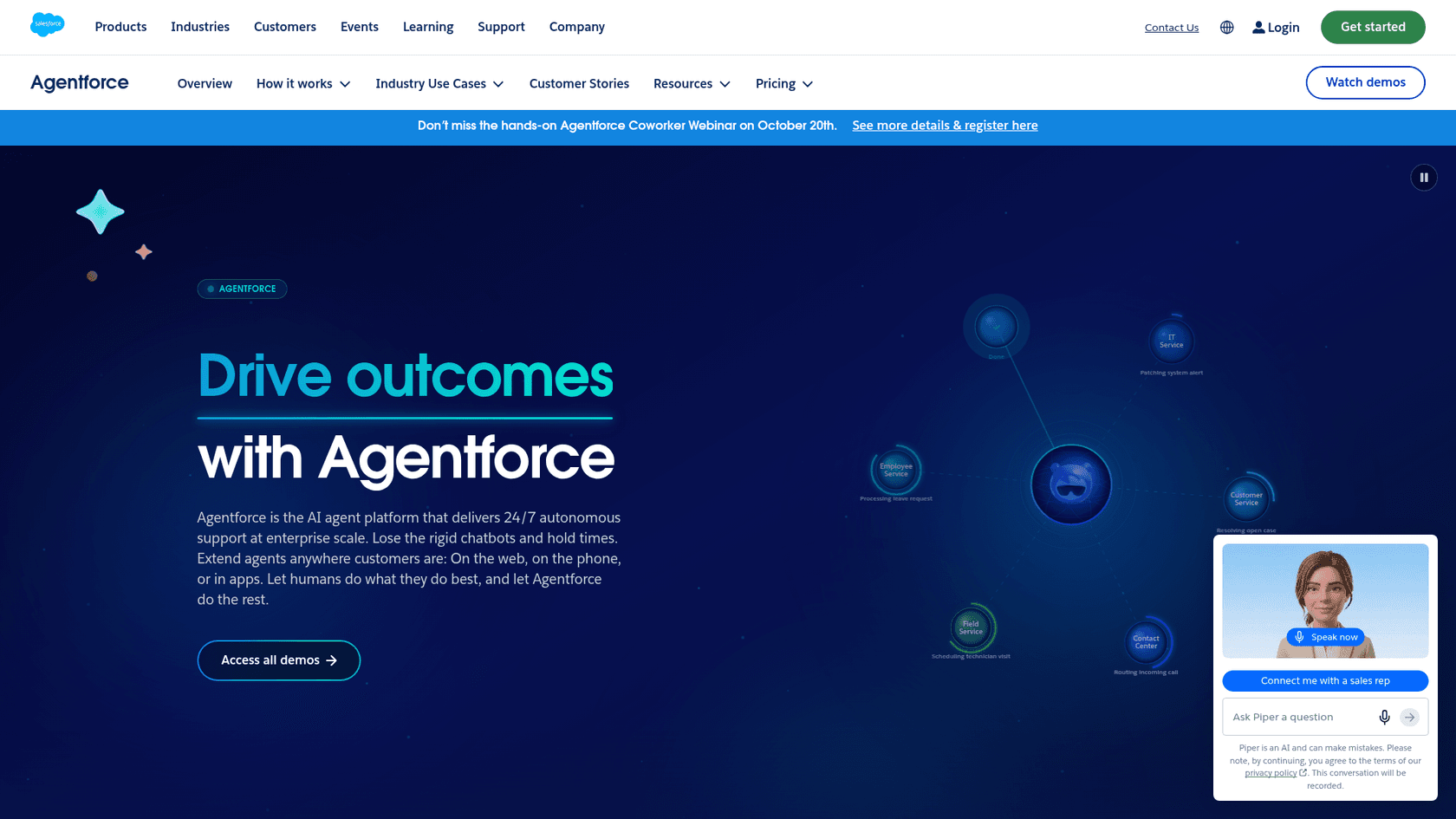 The Agentforce homepage on salesforce.com, showing service, IT, field service, and contact center agents, as taken from Salesforce