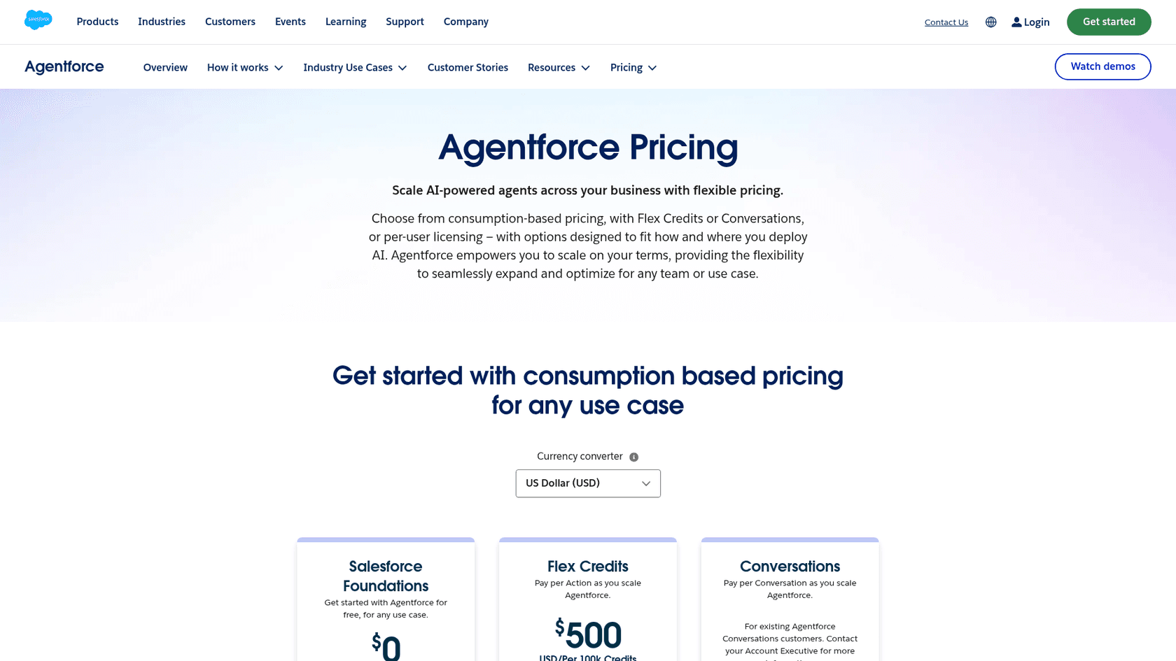 The Agentforce pricing page showing Salesforce Foundations, Flex Credits at $500 per 100k credits, and Conversations for existing customers, as captured from Salesforce's pricing page