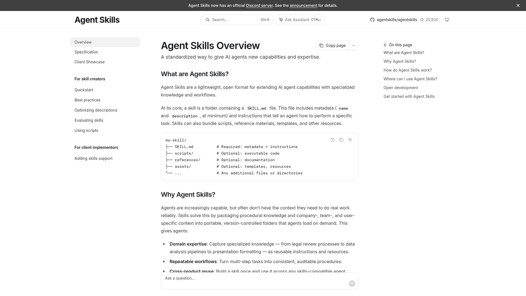 The Agent Skills overview page describing a skill as a folder with a SKILL.md file, as taken from agentskills.io