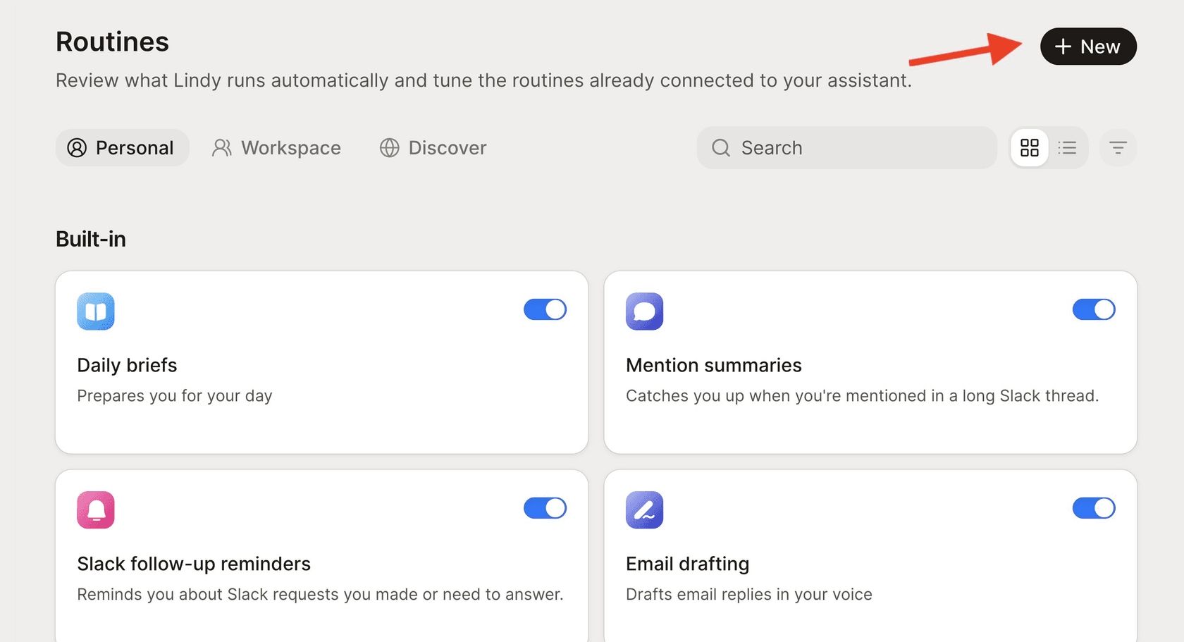 Lindy's Routines page with built-in routines for daily briefs, mention summaries, Slack follow-up reminders and email drafting, as taken from Lindy docs