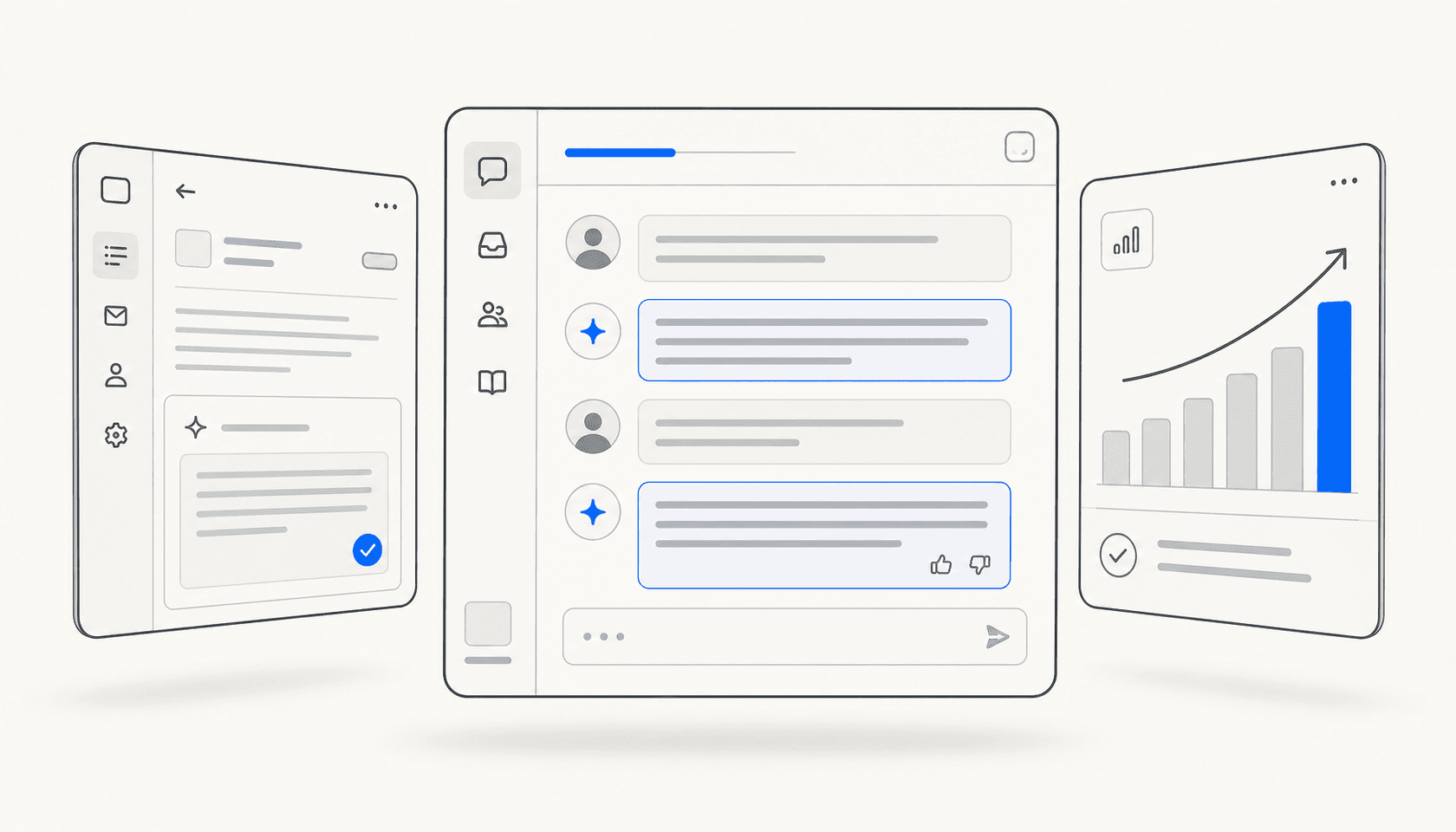 Three floating UI panels showing AI-assisted support workflows with ticket handling, response drafting, and resolution metrics