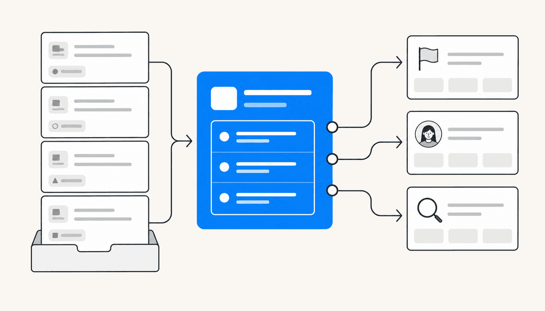An AI triage panel routing incoming bug report cards to priority, assignee, and duplicate-detection columns in a clean engineering workspace illustration