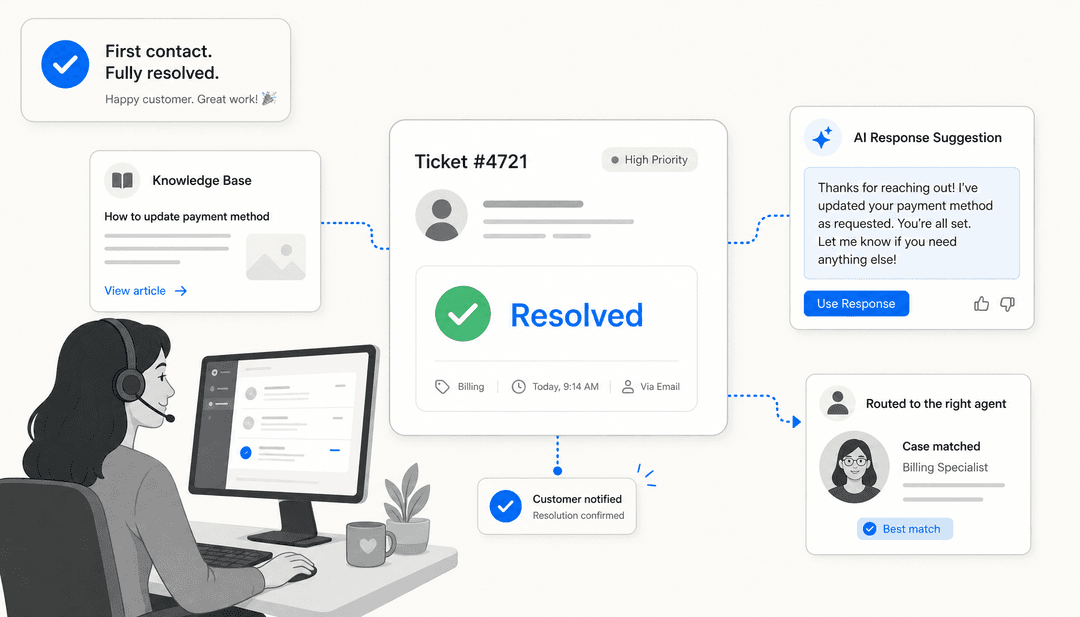 Support dashboard with resolved ticket card and AI knowledge panels illustrated in flat editorial style