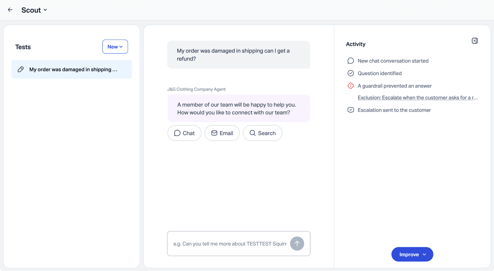 The Help Scout Scout test view: a damaged-order refund question triggers an exclusion, and the Activity panel shows the guardrail that blocked the answer, as taken from Help Scout's docs