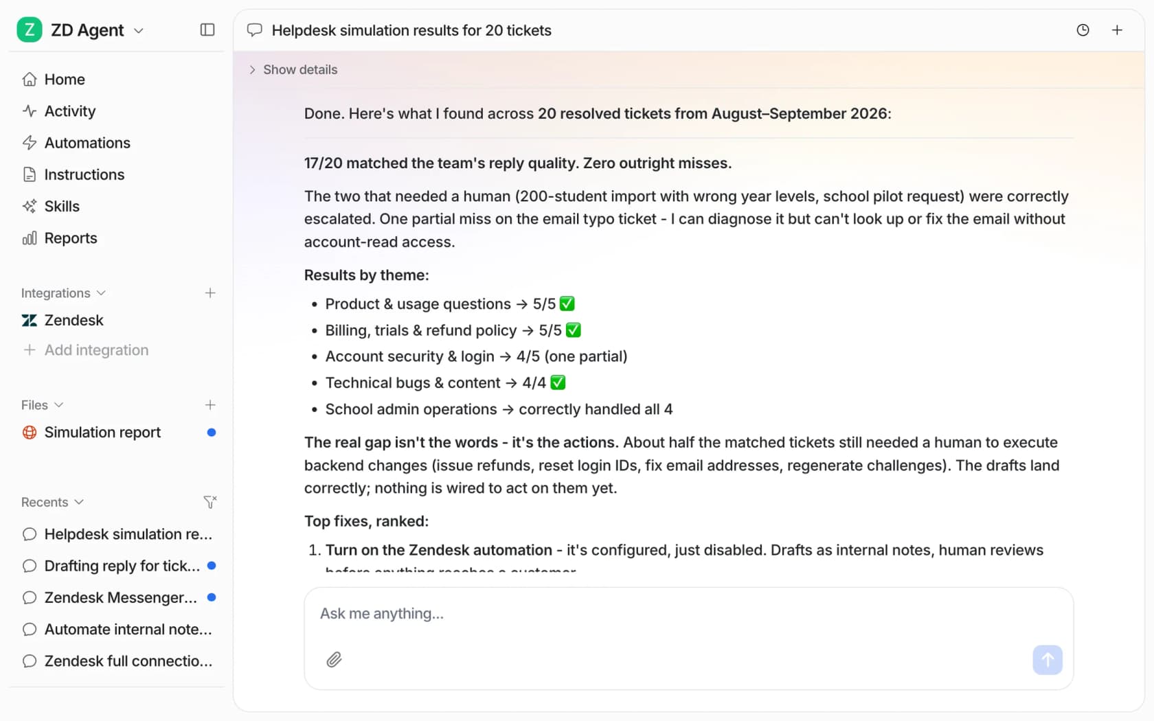 An eesel helpdesk simulation on 20 resolved Zendesk tickets: 17 of 20 matched the team's reply quality, with results by theme and ranked fixes, as taken from the eesel docs