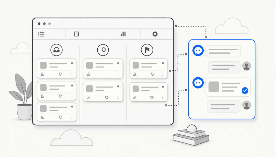 Editorial illustration of an IT service desk workspace with a kanban ticket board and a separate AI agent chat panel resolving a request inline, the chat panel rendered in a single blue accent