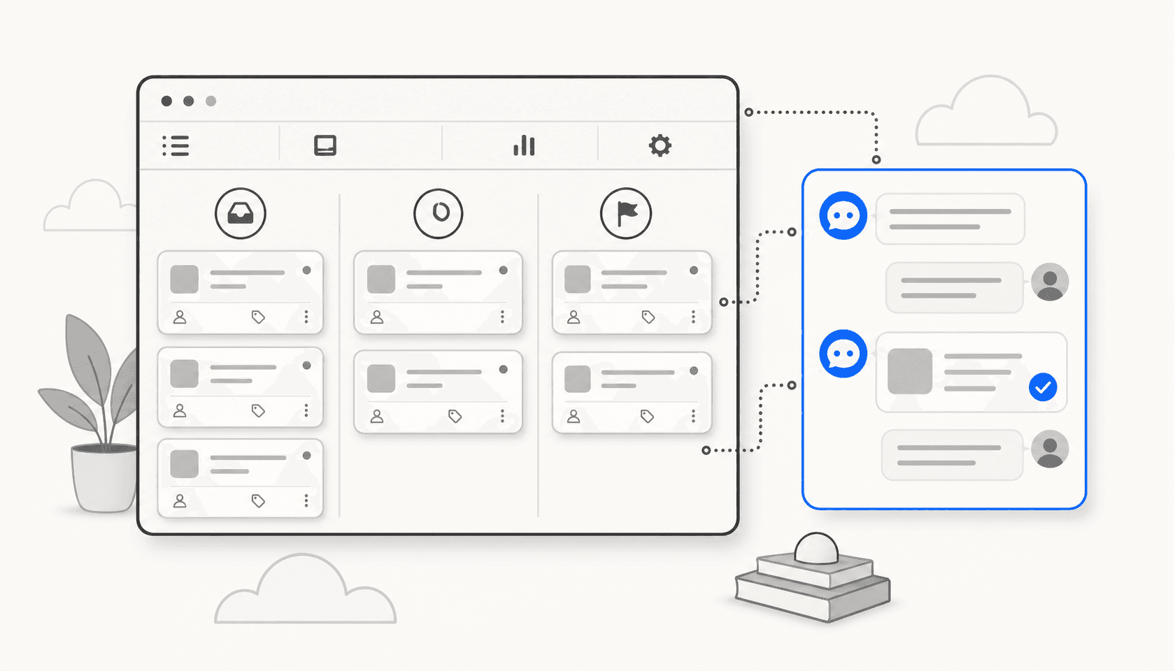 Editorial illustration of an IT service desk workspace with a kanban ticket board and a separate AI agent chat panel resolving a request inline, the chat panel rendered in a single blue accent