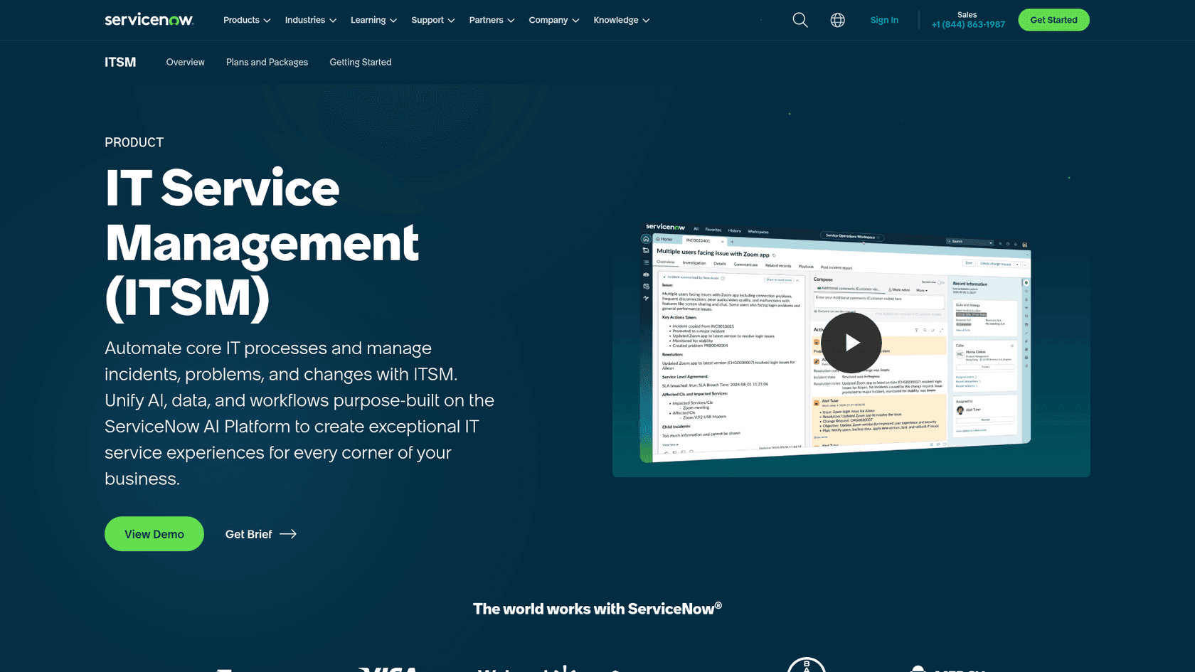 ServiceNow ITSM landing page showing the AI-led service desk pitch and the three-tier package structure