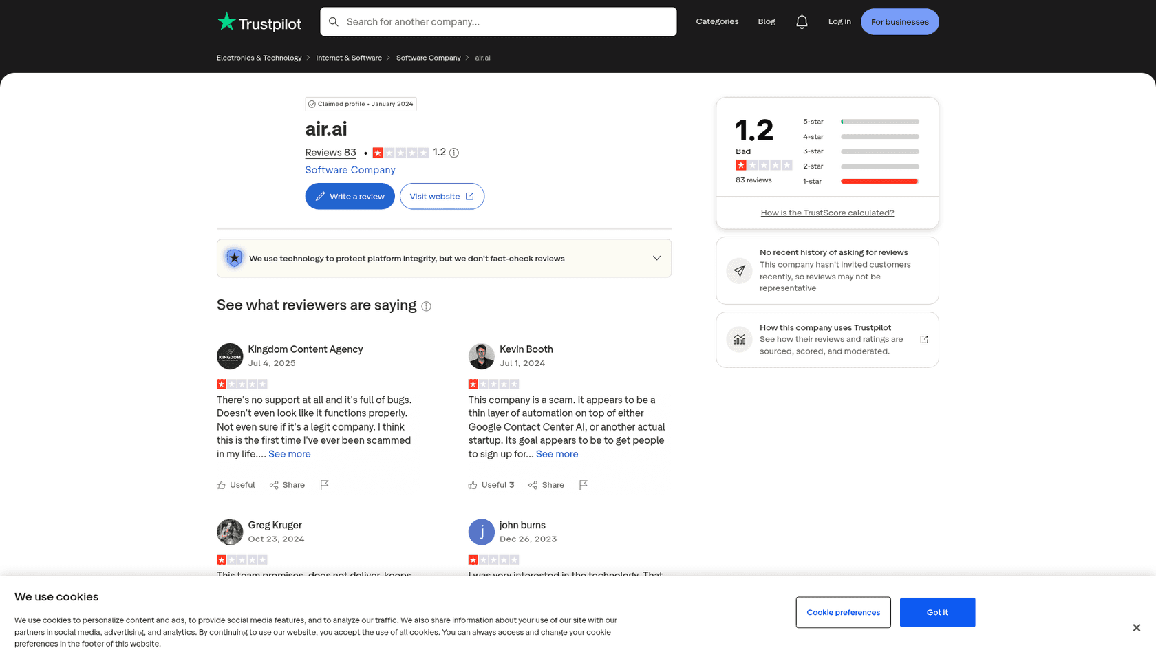 The Trustpilot page for air.ai showing a 1.2 TrustScore across 83 reviews, as taken from Trustpilot