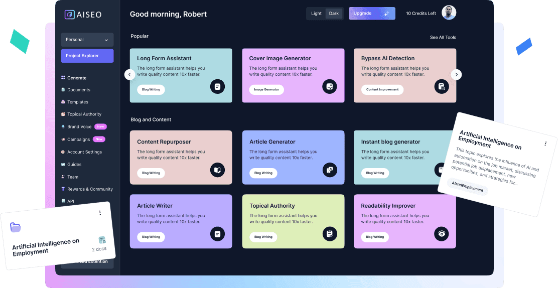 AISEO dashboard showing tools including Long Form Assistant, Cover Image Generator, Bypass AI Detection, Article Generator, Topical Authority, and Readability Improver