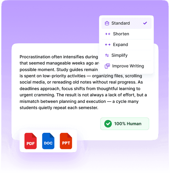 AISEO Humanizer interface with five rewrite modes and a 100% Human result indicator