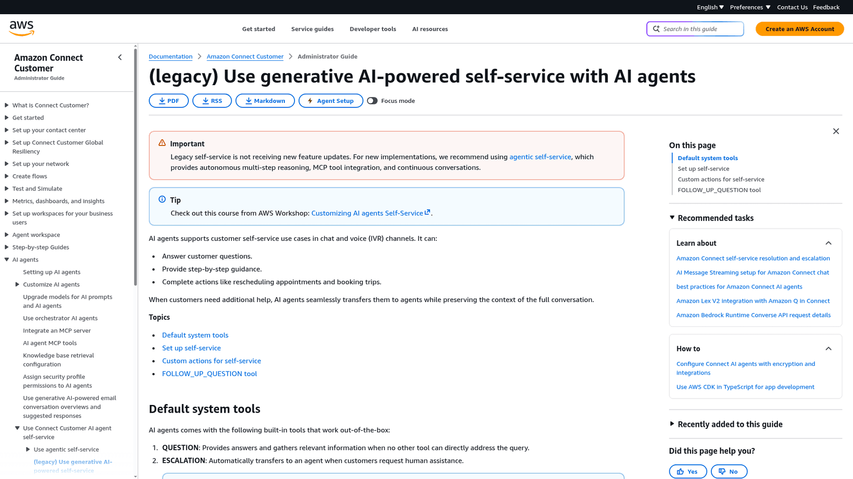 The AWS admin guide's legacy notice for Lex-based self-service with AI agents, as taken from AWS documentation.